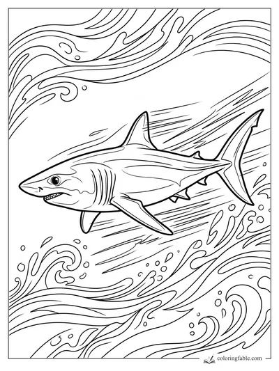 Great white shark swimming through swirling ocean currents and bubbles coloring page