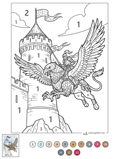 Griffin Knight Circling the Castle Tower — color by number