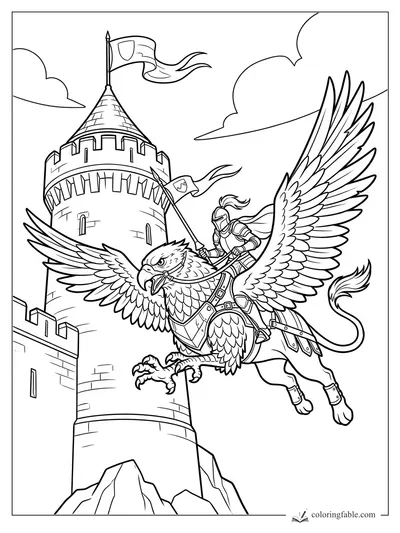 Armored knight riding a griffin past a tall castle tower with waving flags and clouds