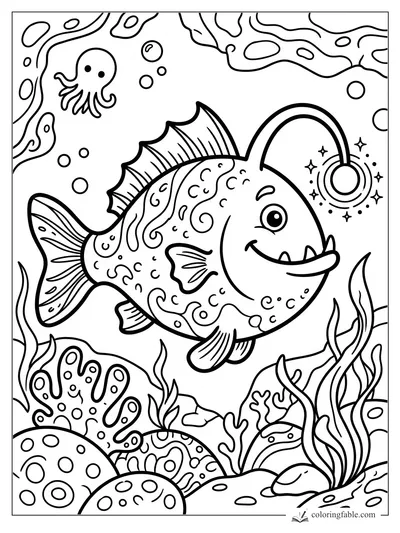 Cartoon anglerfish with glowing lure, spotted fins, seaweed, coral, bubbles, and a tiny octopus.