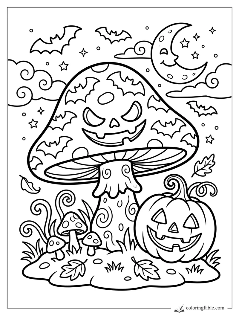 Halloween mushroom with bat-pattern cap, jack-o’-lantern, crescent moon, stars, clouds, leaves, and small fungi.