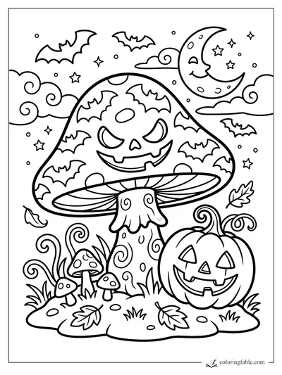 Halloween mushroom with bat-pattern cap, jack-o’-lantern, crescent moon, stars, clouds, leaves, and small fungi.