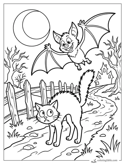 Cartoon bat flying over a startled cat on a moonlit path by a fence and haunted house