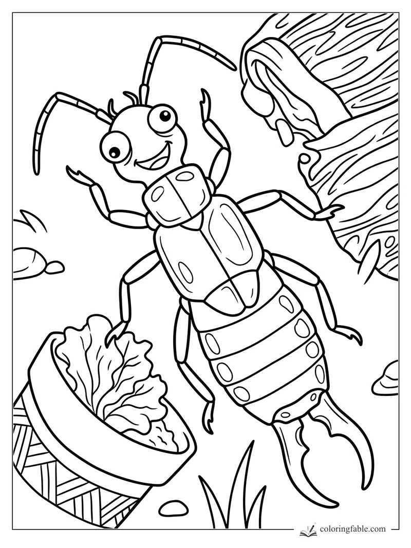Cartoon earwig with raised claws, striped antennae, tail pincers, a leaf basket, and a hollow log