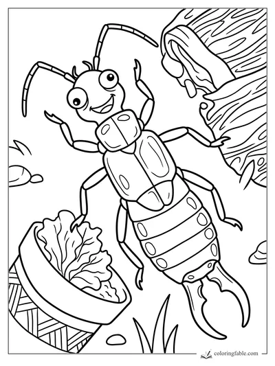Cartoon earwig with raised claws, striped antennae, tail pincers, a leaf basket, and a hollow log