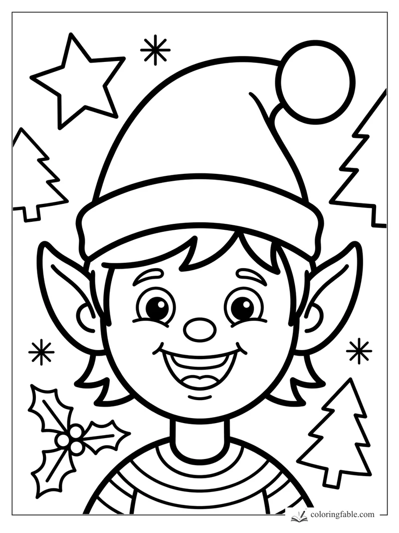 Smiling elf face with pointed ears, pom-pom hat, stars, holly, and little Christmas trees.