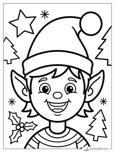 Smiling elf face with pointed ears, pom-pom hat, stars, holly, and little Christmas trees.