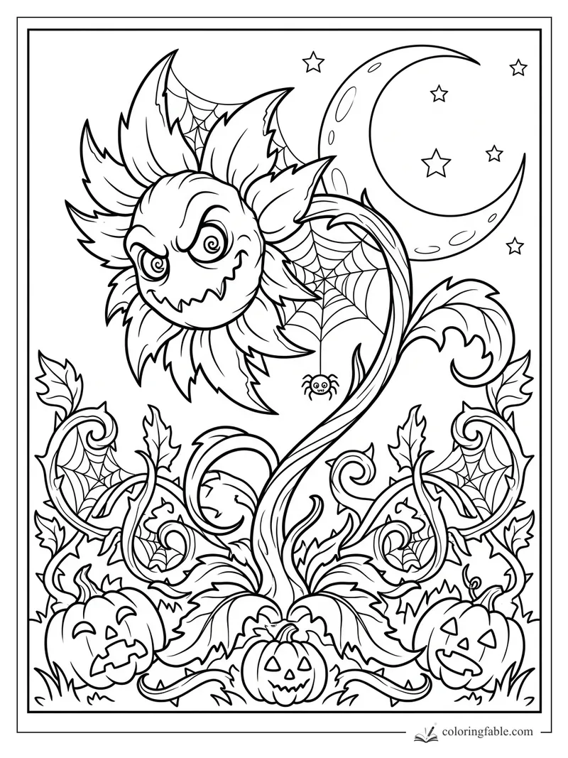 Gothic sunflower with a spooky grin, spiderweb petals, pumpkins, vines, crescent moon, and stars