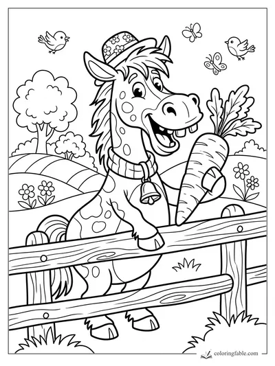 Happy spotted horse in a flowered hat holding a giant carrot by a wooden fence