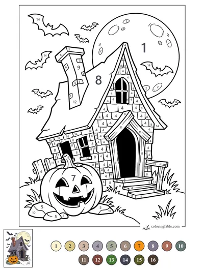 Grinning Jack-o’-Lantern at the Crooked Haunted House — color by number