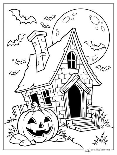 Cartoon jack-o’-lantern by a crooked haunted house, bats, full moon, fence, grass, and stones