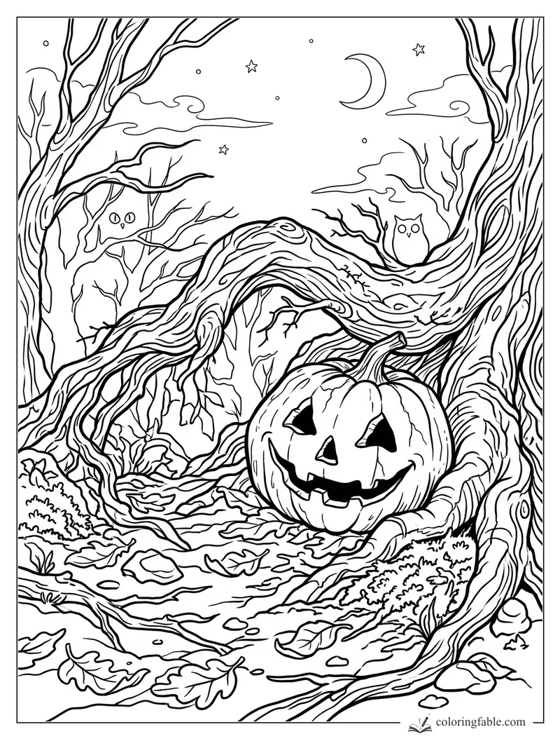 Intricate jack-o’-lantern in a twisted forest with owls, bare branches, crescent moon, stars, and fallen leaves.