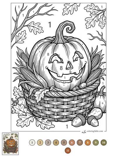 Grinning Jack-o’-Lantern in a Harvest Basket — color by number