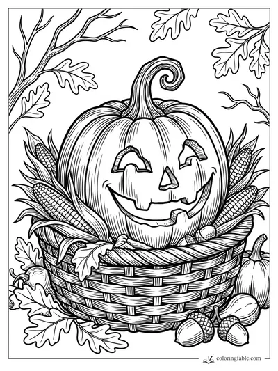 Intricate jack-o’-lantern in a woven basket with corn, acorns, oak leaves, and bare branches