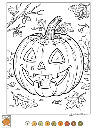Grinning Jack-o’-Lantern Under Acorn Branches — color by number