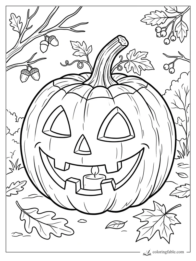 Realistic jack-o’-lantern with candle, tall stem, acorns, berries, and fallen autumn leaves