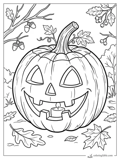 Realistic jack-o’-lantern with candle, tall stem, acorns, berries, and fallen autumn leaves