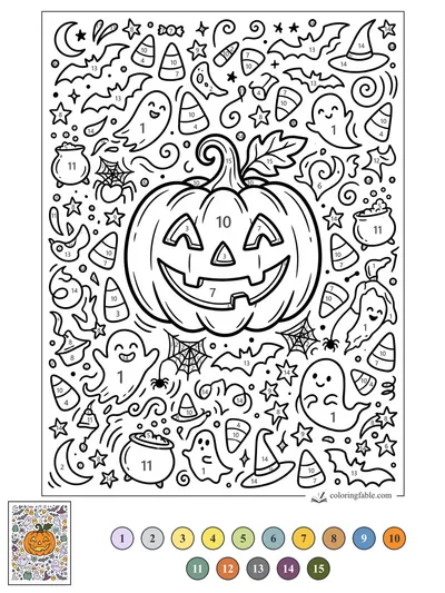 Grinning Jack-o’-Lantern with Ghosts, Bats, and Candy Corn — color by number
