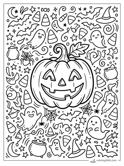 Doodle jack-o’-lantern surrounded by ghosts, bats, candy corn, cauldrons, stars, and witch hats.
