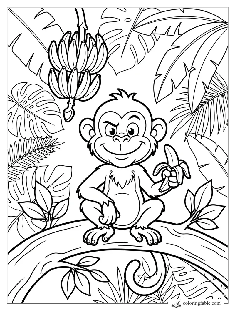 Cartoon monkey holding a peeled banana on a jungle branch with banana bunches and tropical leaves