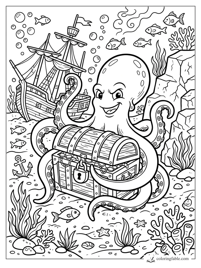 Cartoon octopus grinning around a locked treasure chest near a shipwreck, fish, bubbles, rocks, and coral.