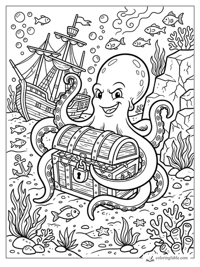 Cartoon octopus grinning around a locked treasure chest near a shipwreck, fish, bubbles, rocks, and coral.