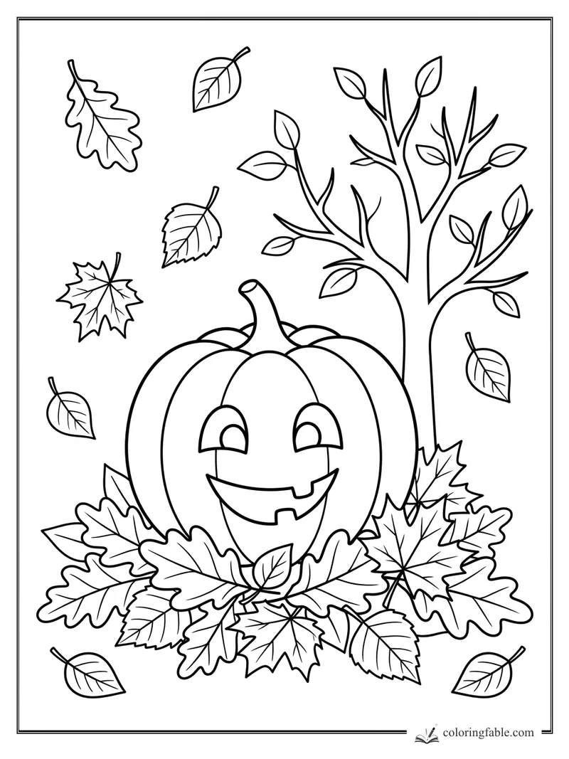 Smiling jack-o'-lantern pumpkin in fallen leaves beside a bare tree with autumn leaves drifting down