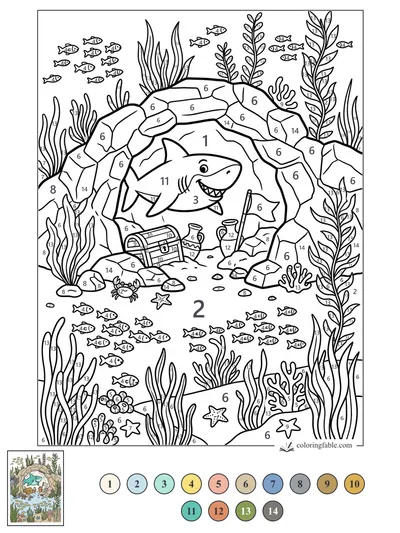 Grinning Shark in a Treasure Cave — color by number