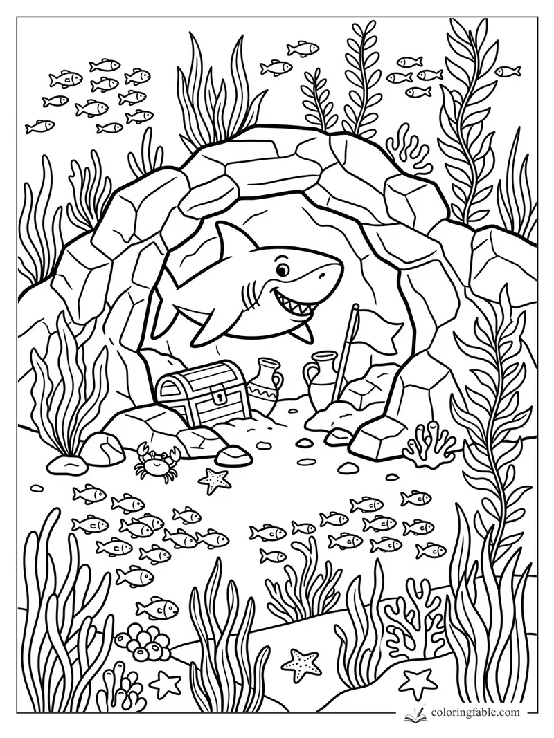Cartoon shark grinning inside a rocky treasure cave with fish, seaweed, chest, jars, crab, and starfish