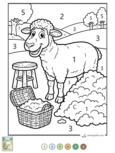 Grinning Sheep Beside Wool Baskets — color by number
