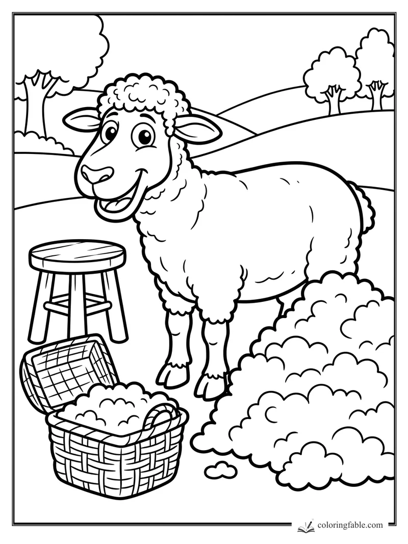 Cartoon sheep smiling beside a stool, woven baskets, wool piles, rolling hills, and trees on a farm.