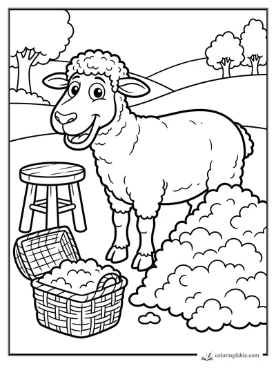 Cartoon sheep smiling beside a stool, woven baskets, wool piles, rolling hills, and trees on a farm.