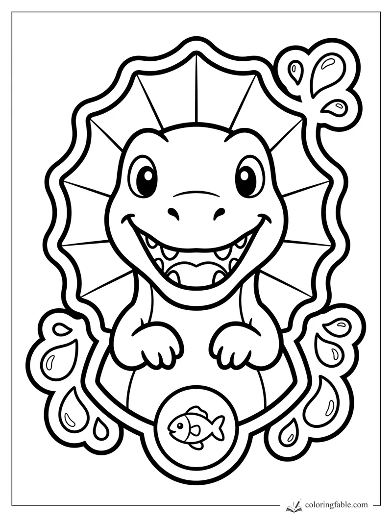 Smiling sticker-style spinosaurus with a sail, tiny claws, water splashes, and a fish badge.