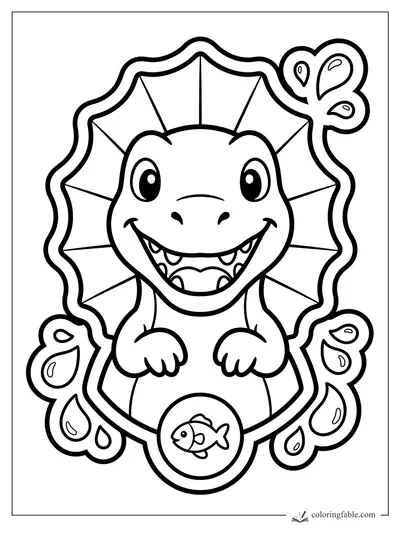 Smiling sticker-style spinosaurus with a sail, tiny claws, water splashes, and a fish badge.