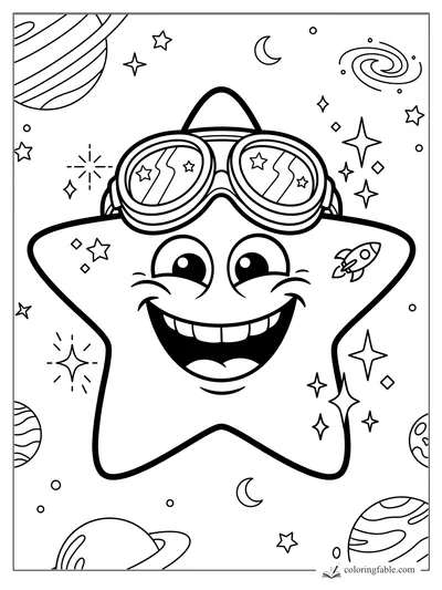 Smiling cartoon star wearing oversized goggles, with planets, a rocket, moons, and sparkles in space