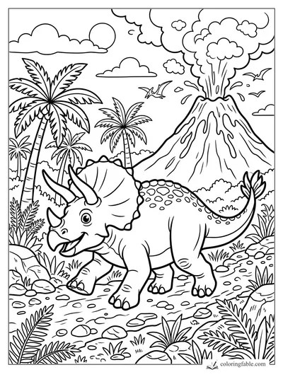 Cartoon triceratops walking through palms as a volcano erupts with ash clouds and flying pterosaurs.