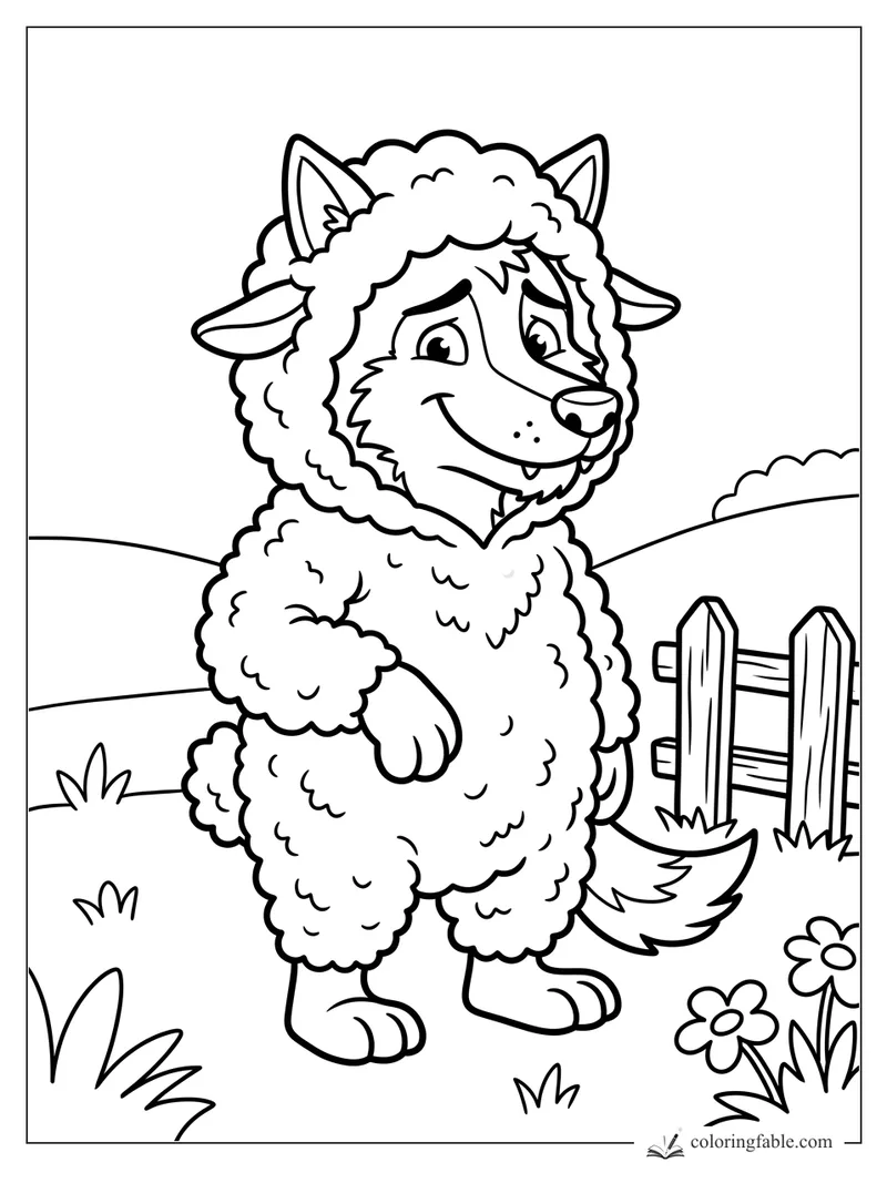 Cartoon wolf in a curly sheep costume by a fence, flowers, and rolling hills