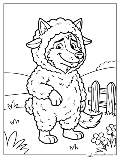 Cartoon wolf in a curly sheep costume by a fence, flowers, and rolling hills