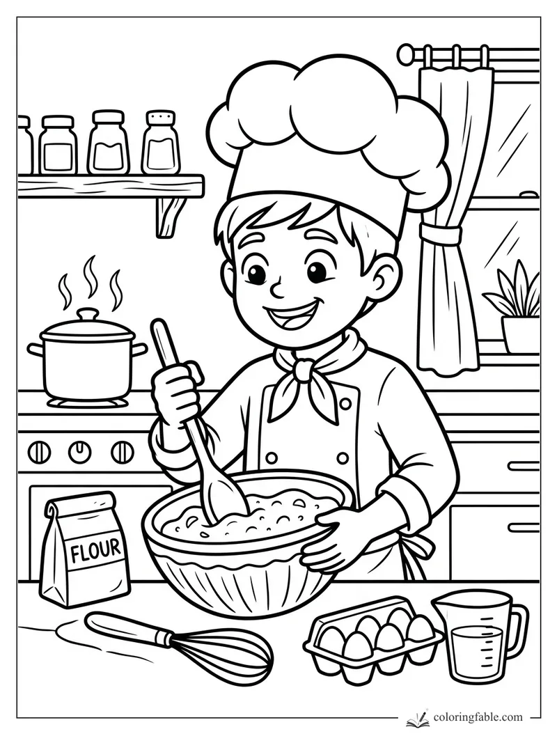 Boy in chef hat stirring batter in a kitchen with flour, eggs, pot, shelves, and window