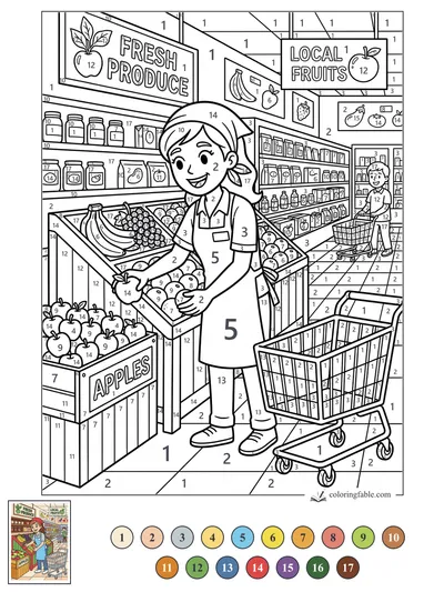 Grocery Worker Sorting Apples in the Produce Aisle — color by number