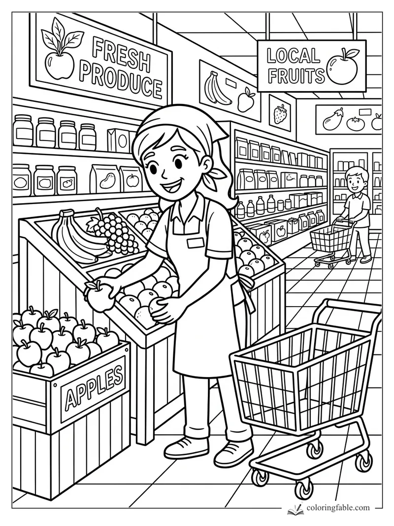 Cartoon grocery worker sorting apples beside produce bins, fruit signs, shelves, and shopping carts.