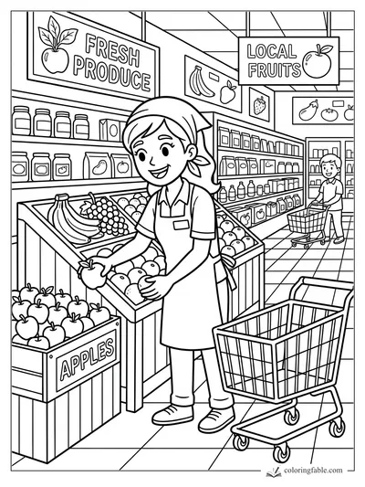 Cartoon grocery worker sorting apples beside produce bins, fruit signs, shelves, and shopping carts.
