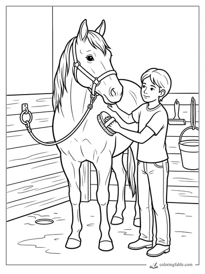 Boy brushing a calm saddled horse in a wooden wash stall with bucket, lead rope, and hanging brush