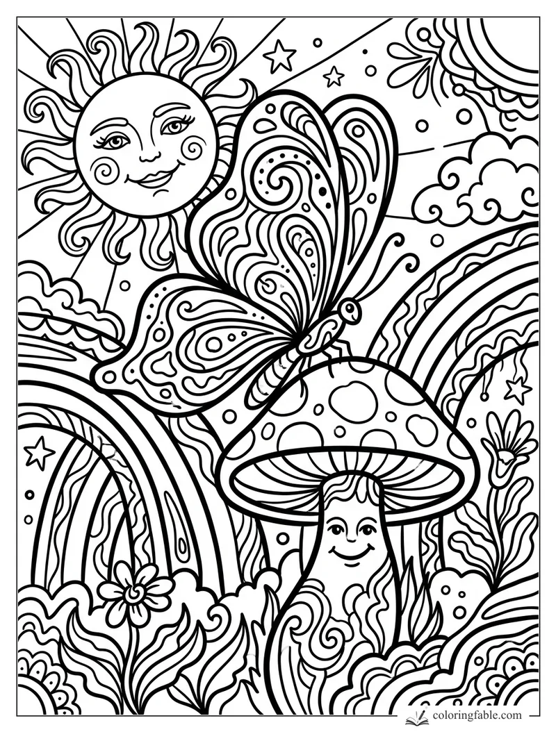 Boho butterfly with swirly wings flying past a sun, rainbow, stars, clouds, and smiling mushroom.