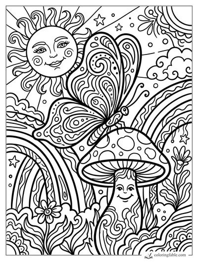 Boho butterfly with swirly wings flying past a sun, rainbow, stars, clouds, and smiling mushroom.
