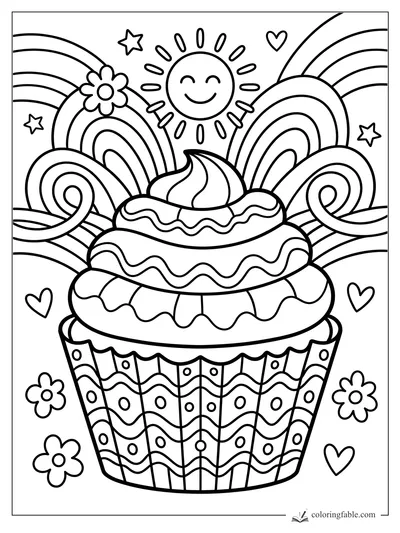 Boho groovy cupcake with swirled frosting, rainbows, flowers, hearts, stars, and a smiling sun.