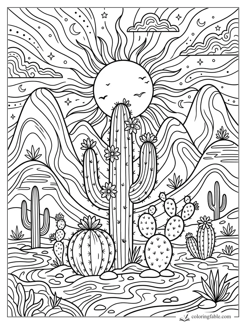 Intricate boho desert coloring page with blooming cacti, striped mountains, wavy sun rays, clouds, stars, and moons.