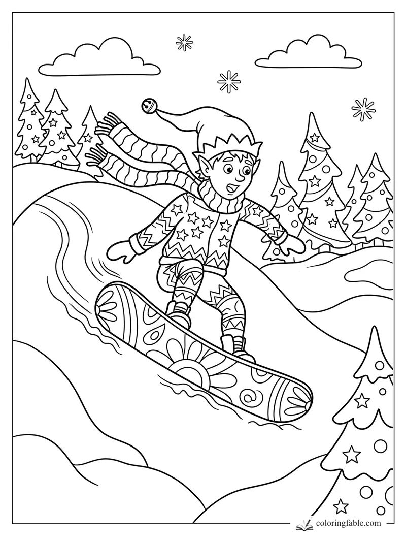Smiling elf snowboards down snowy hills with patterned board, scarf, starry sweater, pine trees, clouds, and snowflakes.