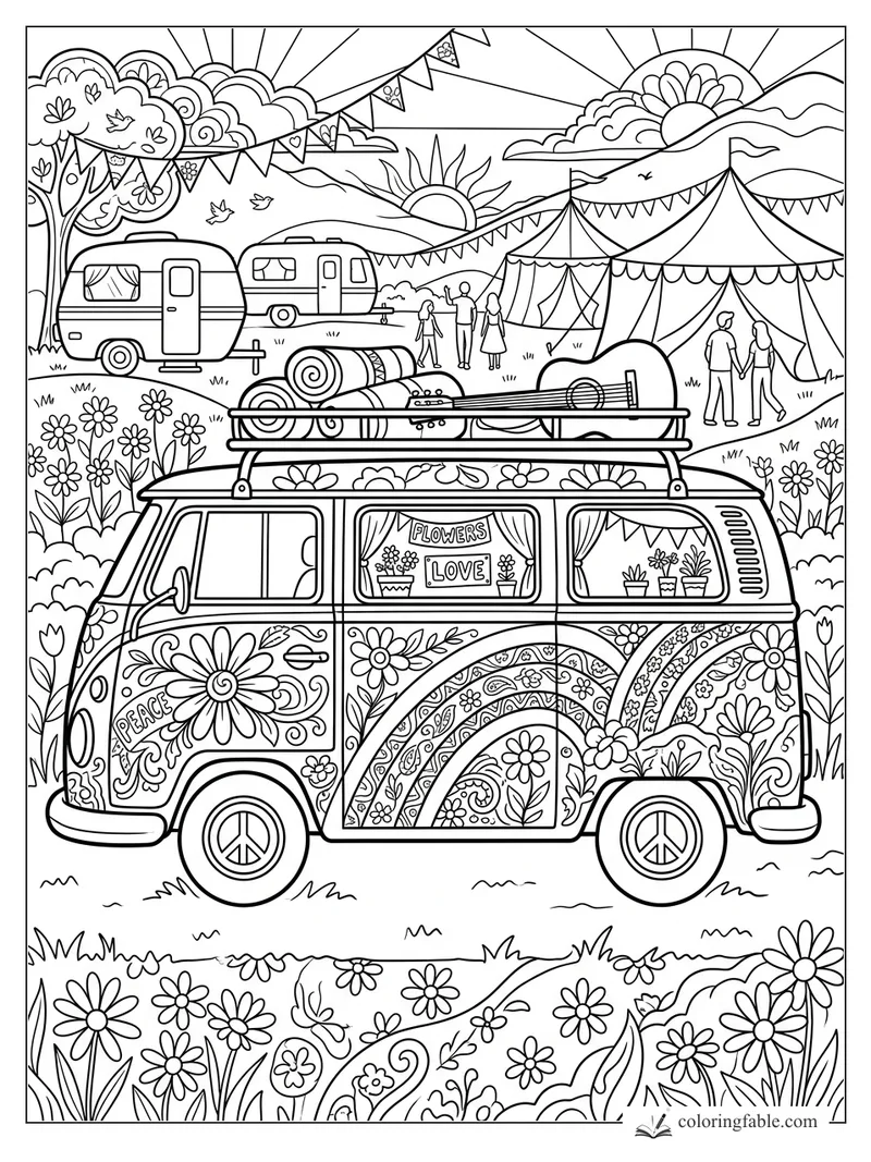 Boho groovy van with roof guitar, flower murals, tents, campers, bunting, and daisies at a sunny festival