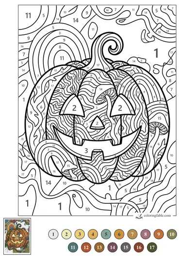 Groovy Jack-o’-Lantern with Swirls and Mushrooms — color by number